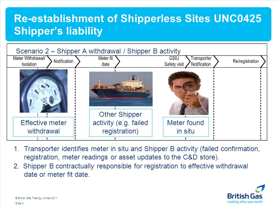 © British Gas Trading Limited 2011 Slide 2 Re-establishment of Shipperless Sites UNC0425 Shipper’s liability Scenario 2 – Shipper A withdrawal / Shipper B activity Effective meter withdrawal Meter found in situ Other Shipper activity (e.g.