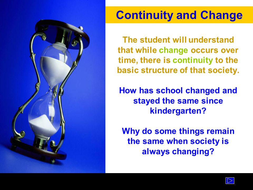 The student will understand that while change occurs over time, there is continuity to the basic structure of that society.