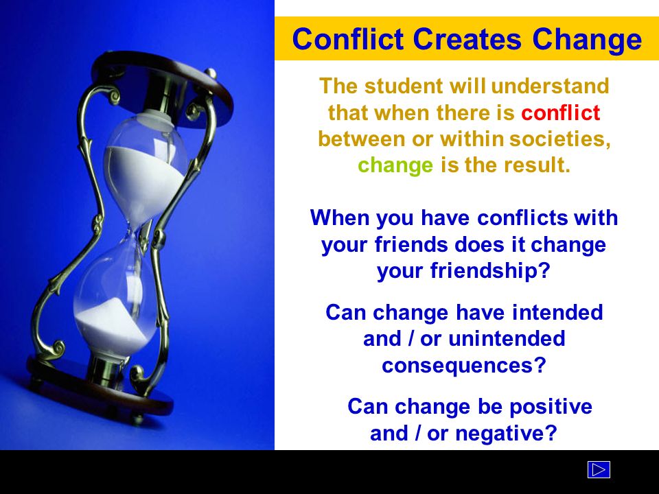 The student will understand that when there is conflict between or within societies, change is the result.