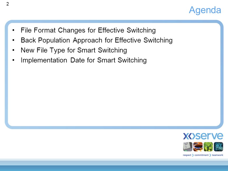 2 Agenda File Format Changes for Effective Switching Back Population Approach for Effective Switching New File Type for Smart Switching Implementation Date for Smart Switching