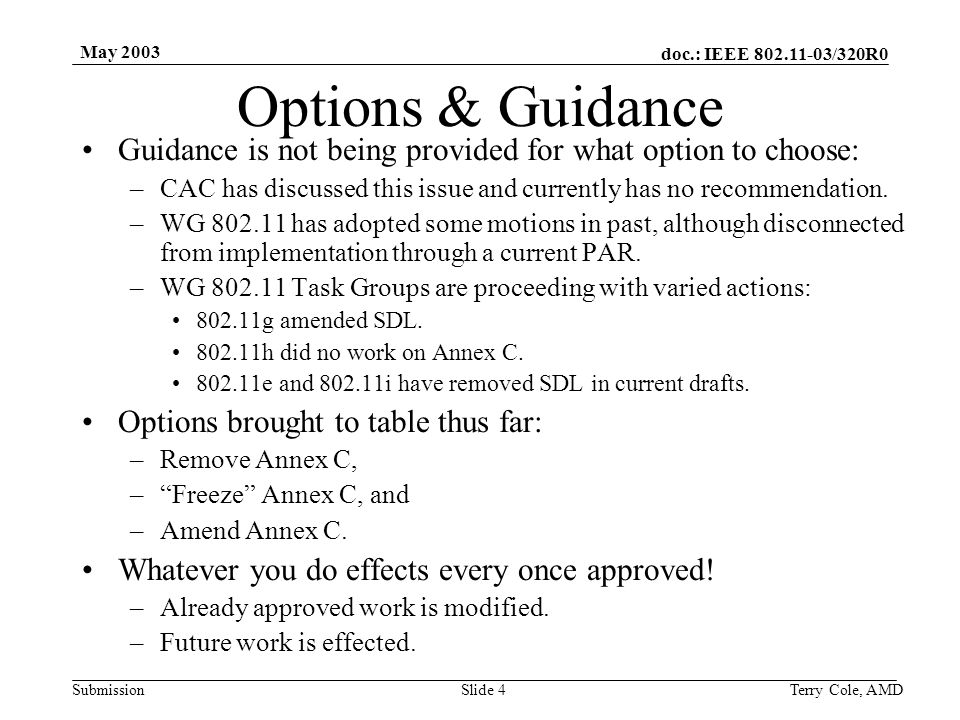 doc.: IEEE /320R0 Submission May 2003 Terry Cole, AMDSlide 4 Options & Guidance Guidance is not being provided for what option to choose: –CAC has discussed this issue and currently has no recommendation.