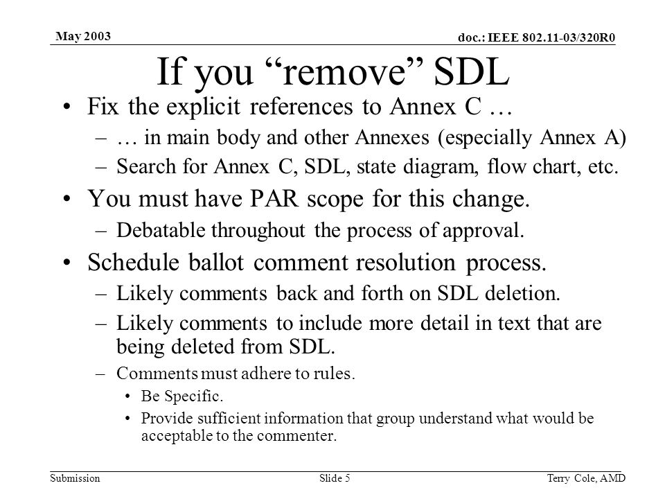 doc.: IEEE /320R0 Submission May 2003 Terry Cole, AMDSlide 5 If you remove SDL Fix the explicit references to Annex C … –… in main body and other Annexes (especially Annex A) –Search for Annex C, SDL, state diagram, flow chart, etc.
