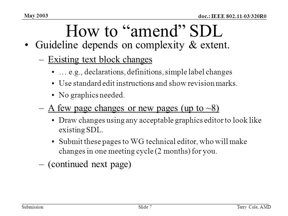 doc.: IEEE /320R0 Submission May 2003 Terry Cole, AMDSlide 7 How to amend SDL Guideline depends on complexity & extent.