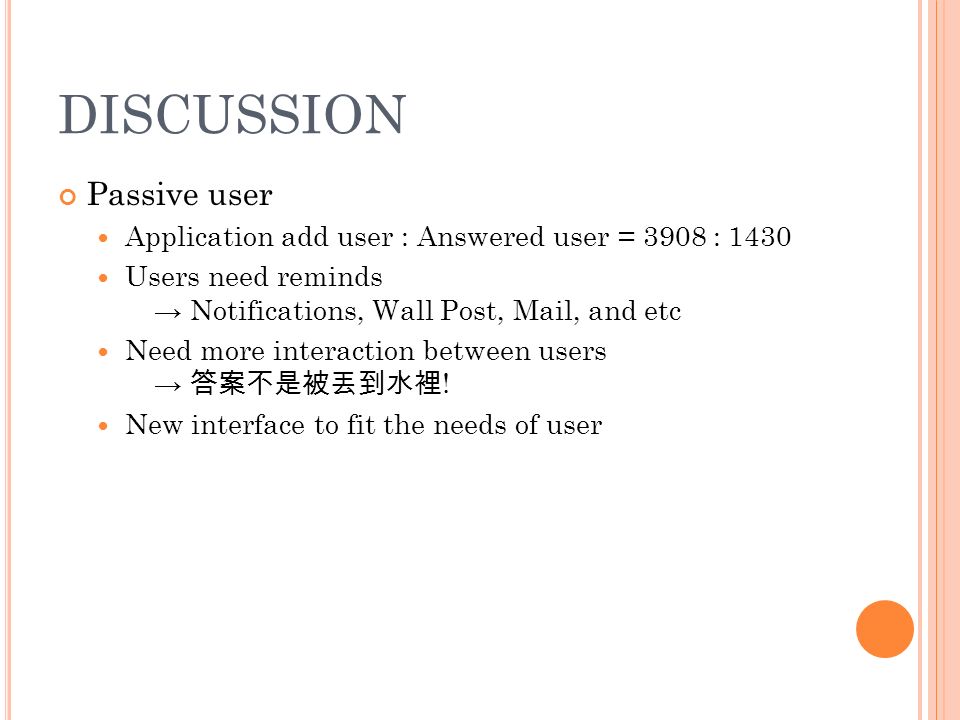 DISCUSSION Passive user Application add user : Answered user = 3908 : 1430 Users need reminds → Notifications, Wall Post, Mail, and etc Need more interaction between users → 答案不是被丟到水裡 .