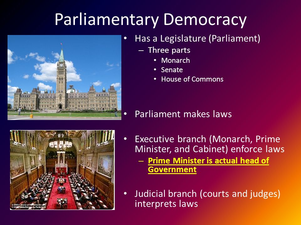 Parliamentary Democracy Has a Legislature (Parliament) – Three parts Monarch Senate House of Commons Parliament makes laws Executive branch (Monarch, Prime Minister, and Cabinet) enforce laws – Prime Minister is actual head of Government Judicial branch (courts and judges) interprets laws
