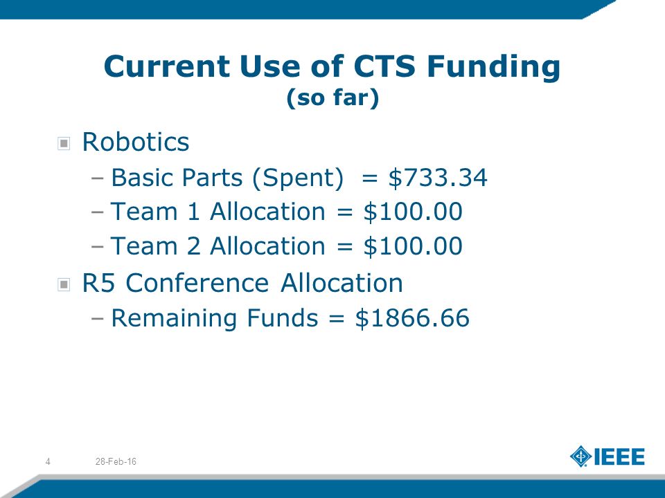 Current Use of CTS Funding (so far) Robotics –Basic Parts (Spent) = $ –Team 1 Allocation = $ –Team 2 Allocation = $ R5 Conference Allocation –Remaining Funds = $ Feb-164