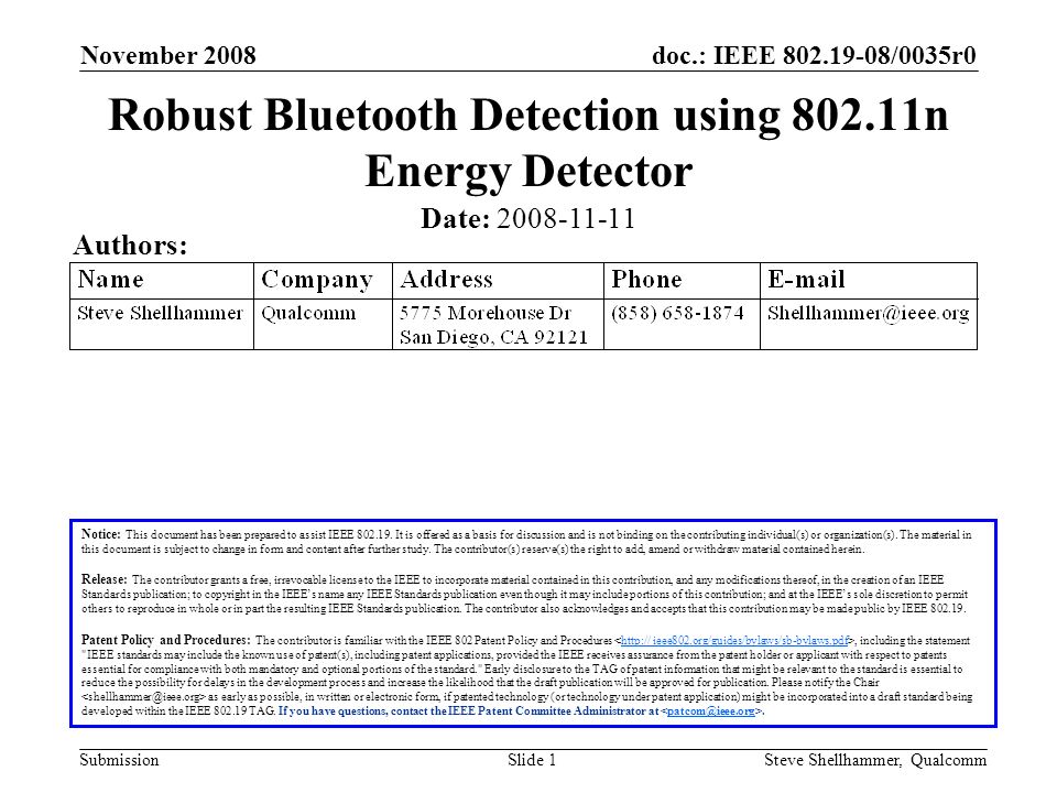 doc.: IEEE /0035r0 Submission November 2008 Steve Shellhammer, QualcommSlide 1 Robust Bluetooth Detection using n Energy Detector Notice: This document has been prepared to assist IEEE