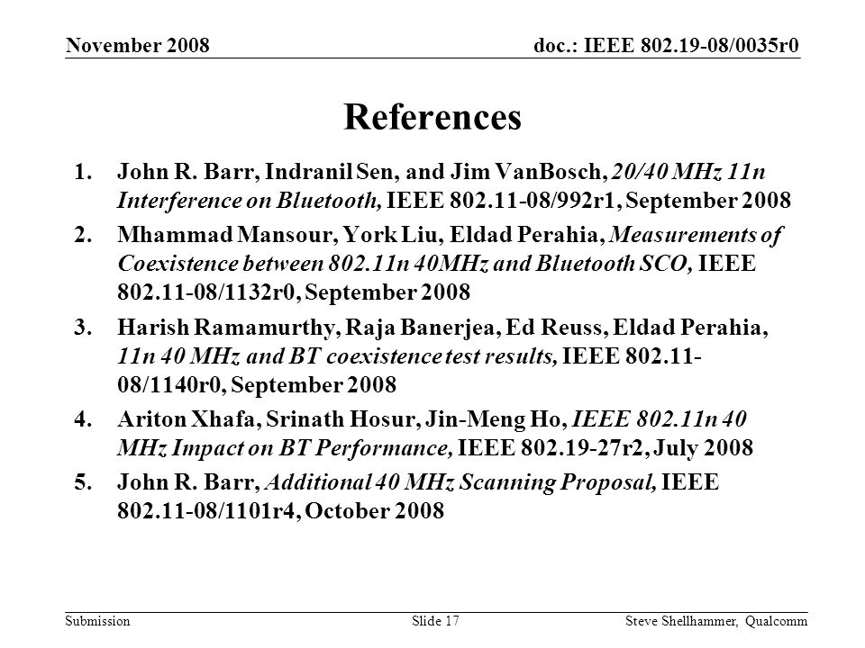 doc.: IEEE /0035r0 Submission November 2008 Steve Shellhammer, QualcommSlide 17 References 1.John R.
