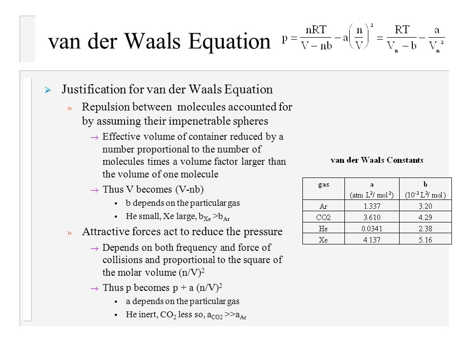 Van Der Waals Equation Solved For V Talkchannels 16 Van Der Waals Equation Physical Chemistry I Dr Robert E Barletta Text