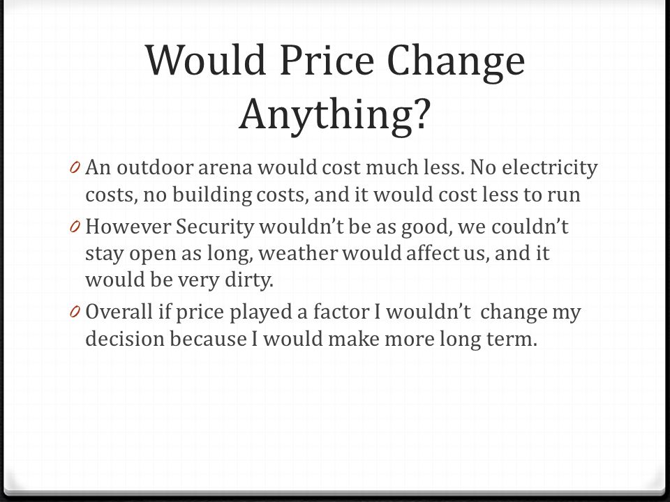 Would Price Change Anything. 0 An outdoor arena would cost much less.