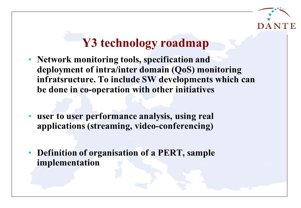 Y3 technology roadmap Network monitoring tools, specification and deployment of intra/inter domain (QoS) monitoring infratsructure.