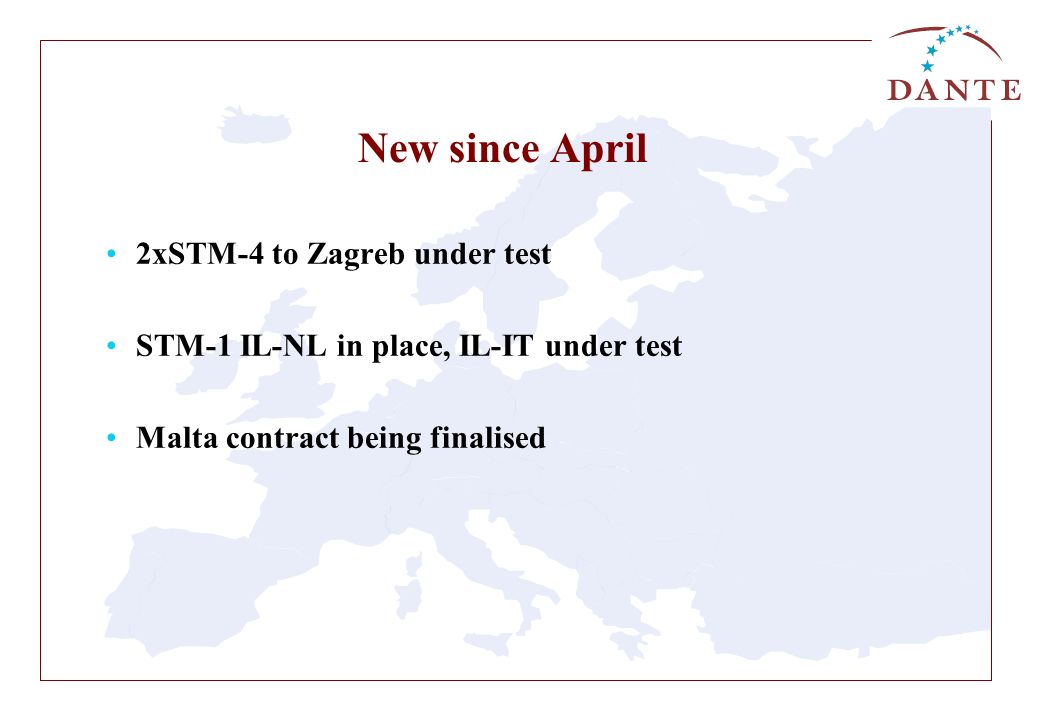 New since April 2xSTM-4 to Zagreb under test STM-1 IL-NL in place, IL-IT under test Malta contract being finalised