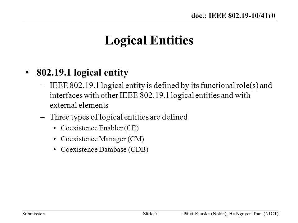 doc.: IEEE /41r0 Submission Logical Entities logical entity –IEEE logical entity is defined by its functional role(s) and interfaces with other IEEE logical entities and with external elements –Three types of logical entities are defined Coexistence Enabler (CE) Coexistence Manager (CM) Coexistence Database (CDB) Slide 5Päivi Ruuska (Nokia), Ha Nguyen Tran (NICT)