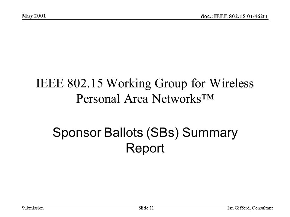 doc.: IEEE /462r1 Submission May 2001 Ian Gifford, ConsultantSlide 11 IEEE Working Group for Wireless Personal Area Networks™ Sponsor Ballots (SBs) Summary Report