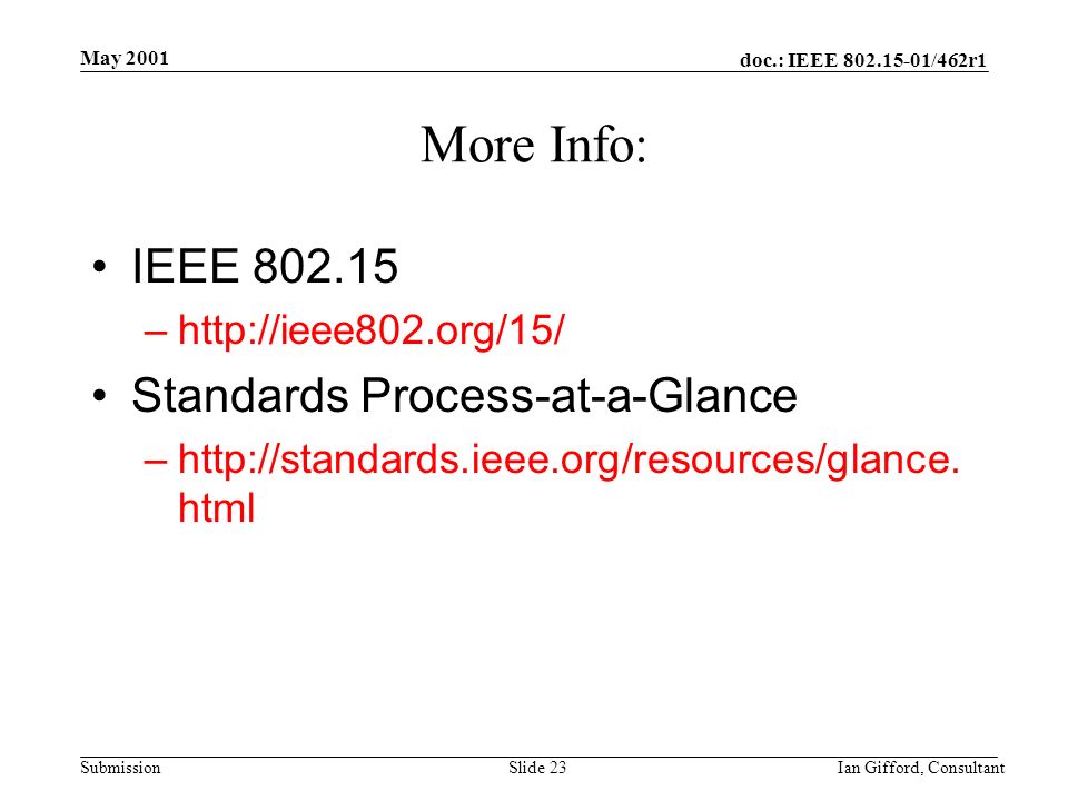 doc.: IEEE /462r1 Submission May 2001 Ian Gifford, ConsultantSlide 23 More Info: IEEE –  Standards Process-at-a-Glance –