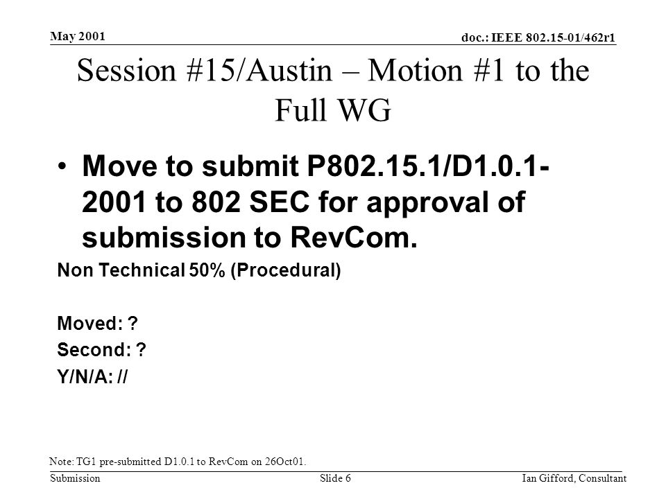 doc.: IEEE /462r1 Submission May 2001 Ian Gifford, ConsultantSlide 6 Session #15/Austin – Motion #1 to the Full WG Move to submit P /D to 802 SEC for approval of submission to RevCom.