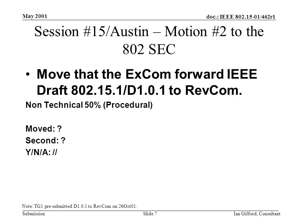 doc.: IEEE /462r1 Submission May 2001 Ian Gifford, ConsultantSlide 7 Session #15/Austin – Motion #2 to the 802 SEC Move that the ExCom forward IEEE Draft /D1.0.1 to RevCom.