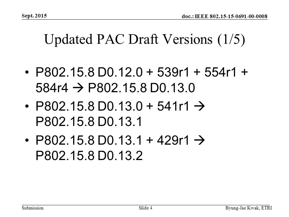 doc.: IEEE Submission Updated PAC Draft Versions (1/5) P D r r r4  P D P D r1  P D P D r1  P D Sept.