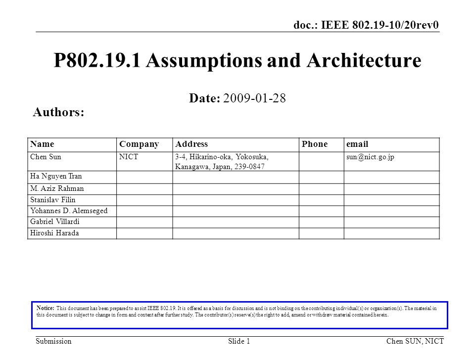 doc.: IEEE /20rev0 SubmissionSlide 1 P Assumptions and Architecture Notice: This document has been prepared to assist IEEE