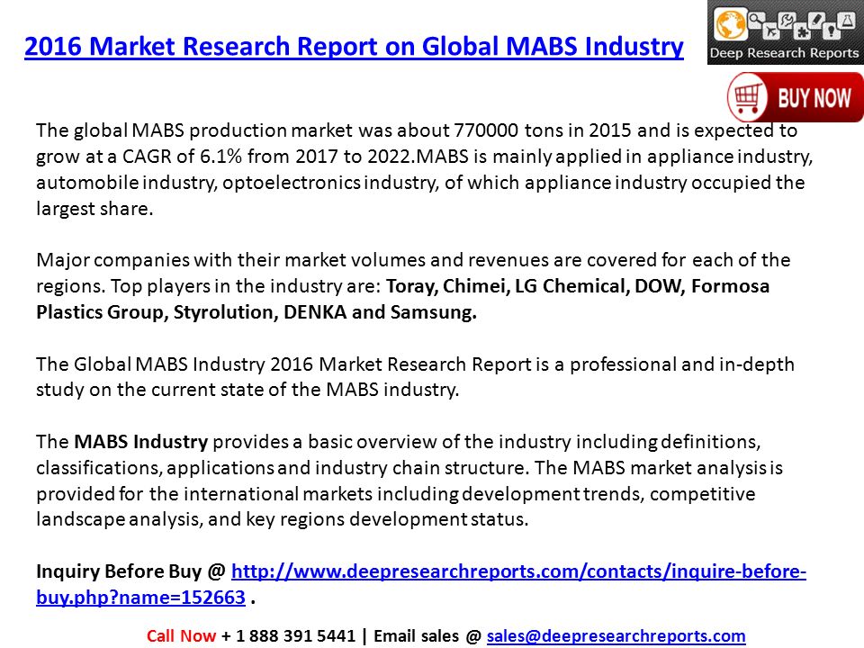 2016 Market Research Report on Global MABS Industry The global MABS production market was about tons in 2015 and is expected to grow at a CAGR of 6.1% from 2017 to 2022.MABS is mainly applied in appliance industry, automobile industry, optoelectronics industry, of which appliance industry occupied the largest share.