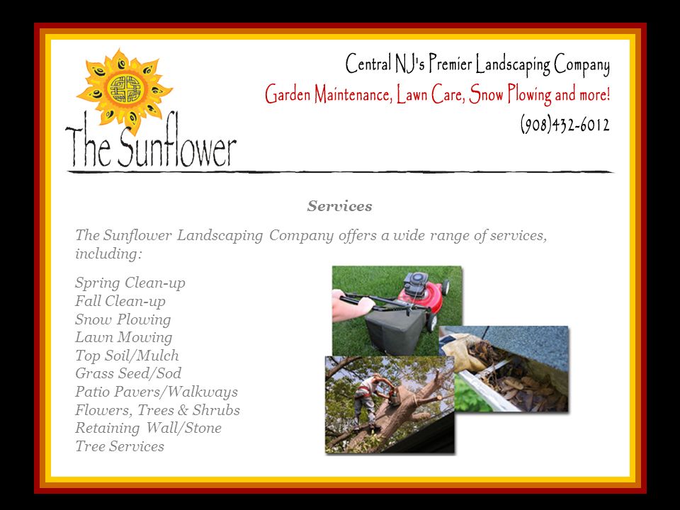 Services The Sunflower Landscaping Company offers a wide range of services, including: Spring Clean-up Fall Clean-up Snow Plowing Lawn Mowing Top Soil/Mulch Grass Seed/Sod Patio Pavers/Walkways Flowers, Trees & Shrubs Retaining Wall/Stone Tree Services