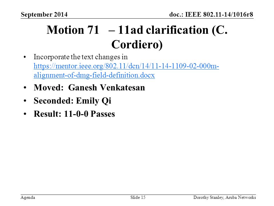 doc.: IEEE /1016r8 Agenda September 2014 Dorothy Stanley, Aruba NetworksSlide 15 Motion 71 – 11ad clarification (C.