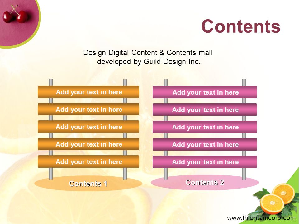 Contents Add your text in here Design Digital Content & Contents mall developed by Guild Design Inc.