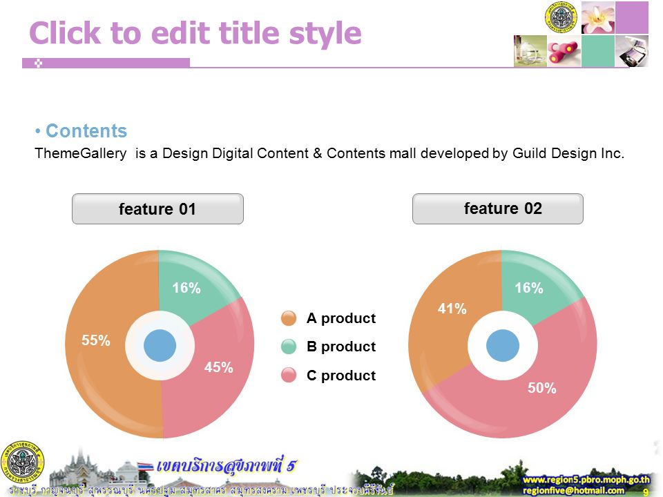 Click to edit title style feature 01 feature 02 55% 16% 45% 41% 16% 50% A product B product C product Contents ThemeGallery is a Design Digital Content & Contents mall developed by Guild Design Inc.