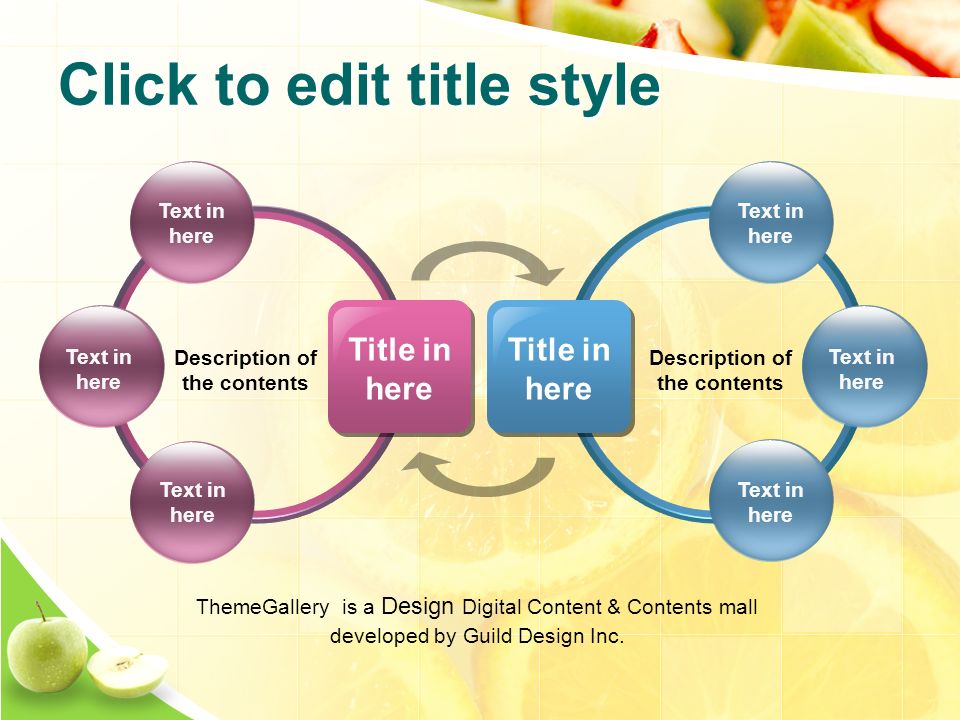 Click to edit title style Title in here Description of the contents Title in here Text in here Description of the contents ThemeGallery is a Design Digital Content & Contents mall developed by Guild Design Inc.