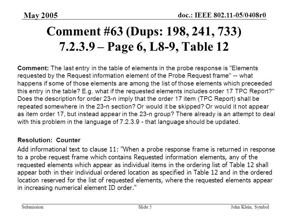 doc.: IEEE /0408r0 Submission May 2005 John Klein, SymbolSlide 5 Comment #63 (Dups: 198, 241, 733) – Page 6, L8-9, Table 12 Comment: The last entry in the table of elements in the probe response is Elements requested by the Request information element of the Probe Request frame -- what happens if some of those elements are among the list of those elements which preceeded this entry in the table.
