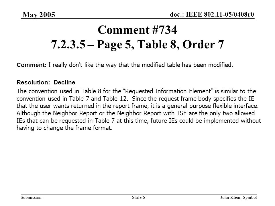 doc.: IEEE /0408r0 Submission May 2005 John Klein, SymbolSlide 6 Comment # – Page 5, Table 8, Order 7 Comment: I really don t like the way that the modified table has been modified.