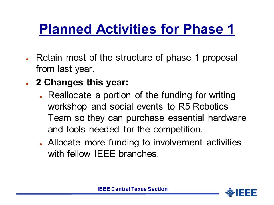 IEEE Central Texas Section Planned Activities for Phase 1 ● Retain most of the structure of phase 1 proposal from last year.