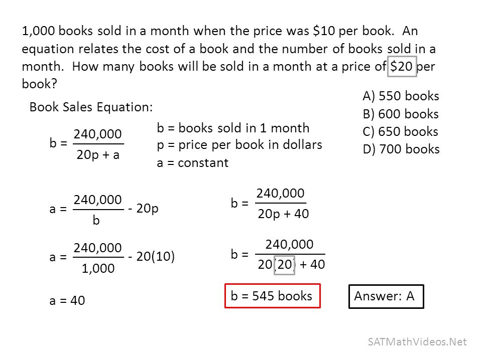 240,000 20(20) ,000 SATMathVideos.Net A) 550 books B) 600 books C) 650 books D) 700 books 1,000 books sold in a month when the price was $10 per book.