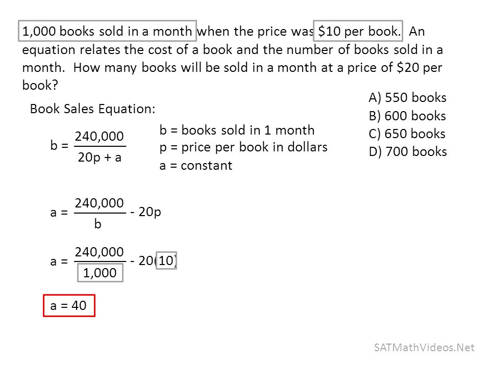 1,000 SATMathVideos.Net A) 550 books B) 600 books C) 650 books D) 700 books 1,000 books sold in a month when the price was $10 per book.