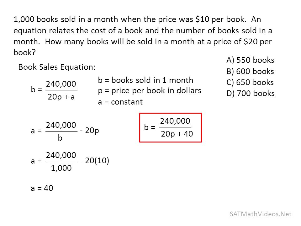 1,000 SATMathVideos.Net A) 550 books B) 600 books C) 650 books D) 700 books 1,000 books sold in a month when the price was $10 per book.