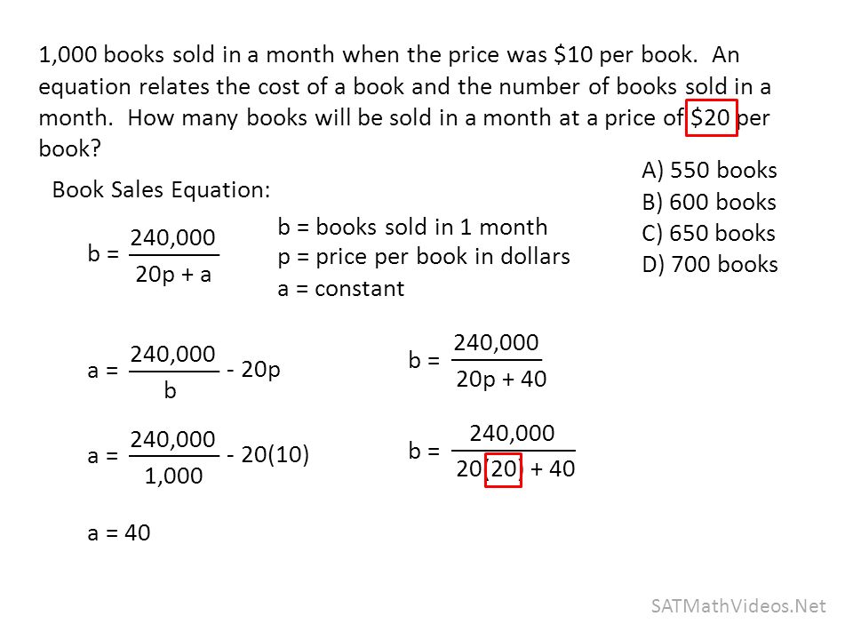 240,000 20(20) ,000 SATMathVideos.Net A) 550 books B) 600 books C) 650 books D) 700 books 1,000 books sold in a month when the price was $10 per book.