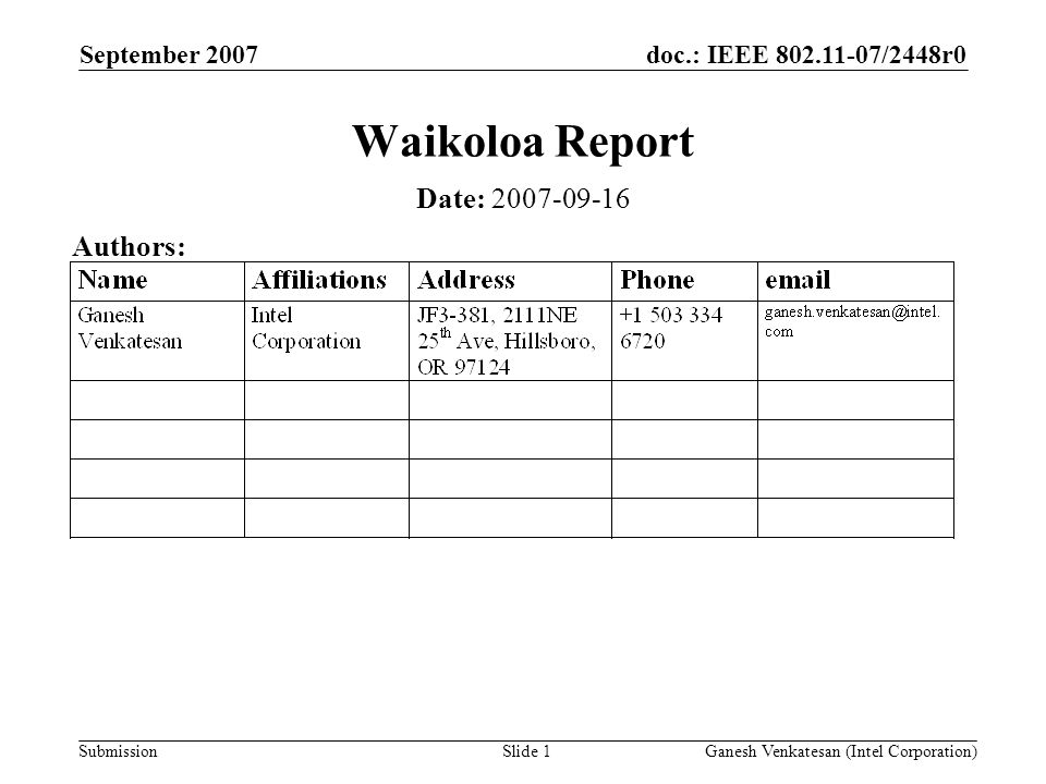 doc.: IEEE /2448r0 Submission September 2007 Ganesh Venkatesan (Intel Corporation)Slide 1 Waikoloa Report Date: Authors: