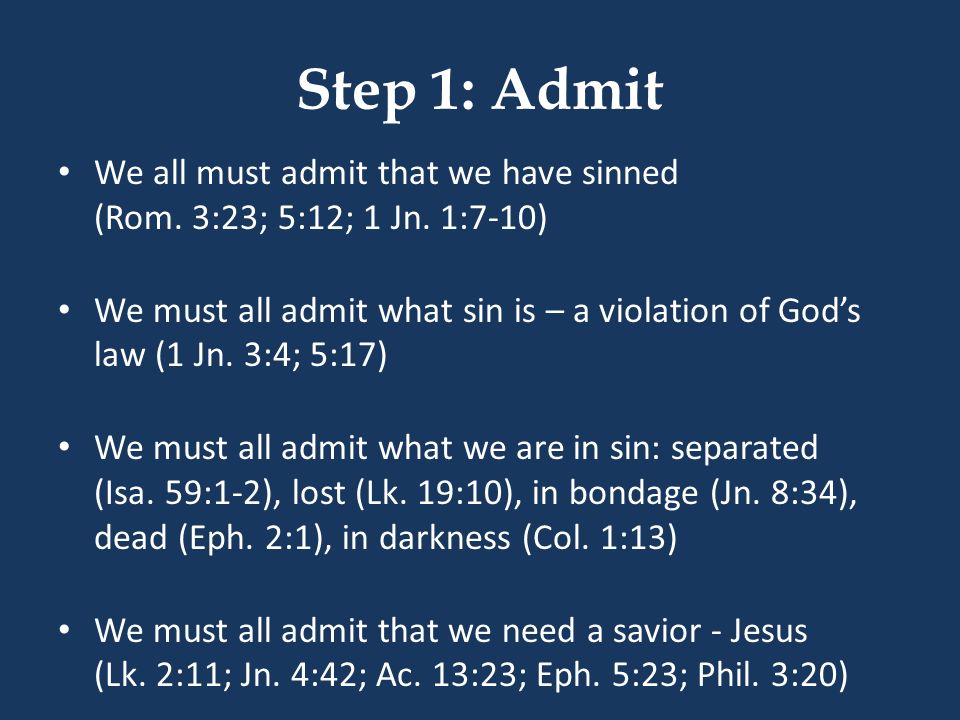 Step 1: Admit We all must admit that we have sinned (Rom.