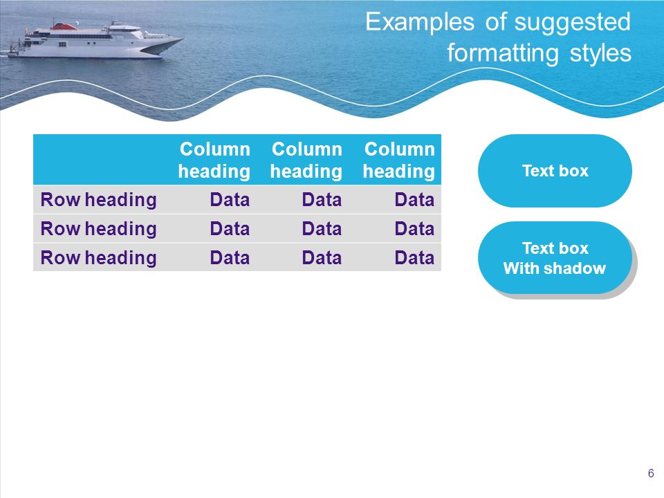 6 Examples of suggested formatting styles Column heading Row headingData Row headingData Row headingData Text box With shadow Text box With shadow