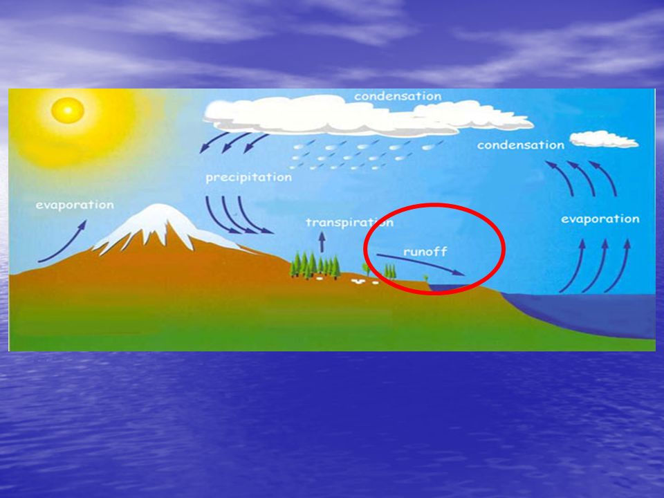 When the water vapor in the clouds gets too heavy, the water falls back to the earth.