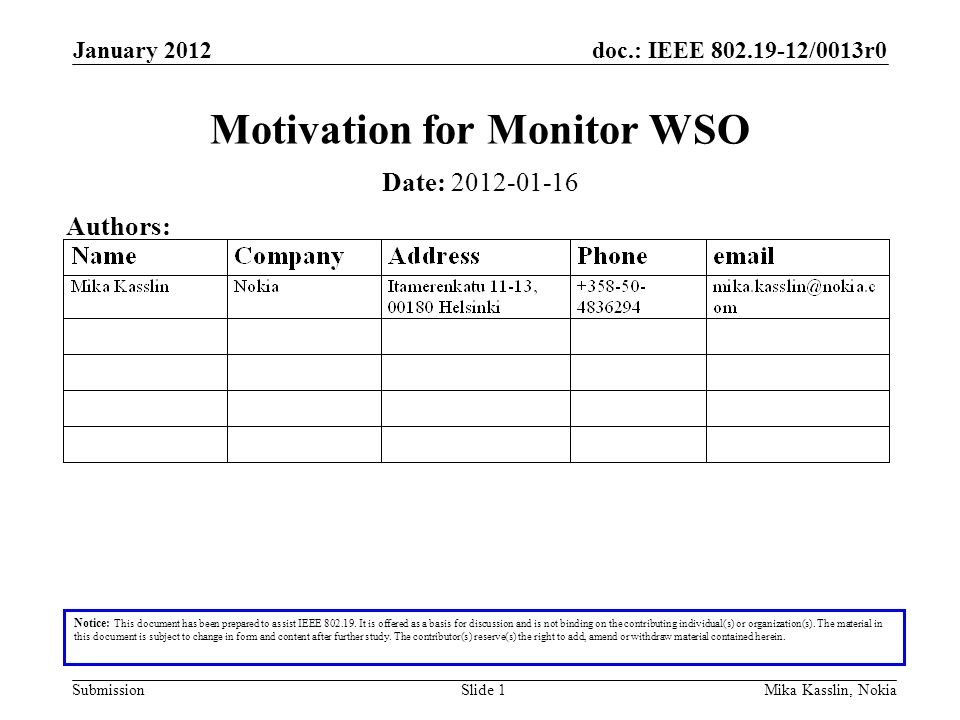 doc.: IEEE /0013r0 Submission January 2012 Mika Kasslin, NokiaSlide 1 Motivation for Monitor WSO Notice: This document has been prepared to assist IEEE
