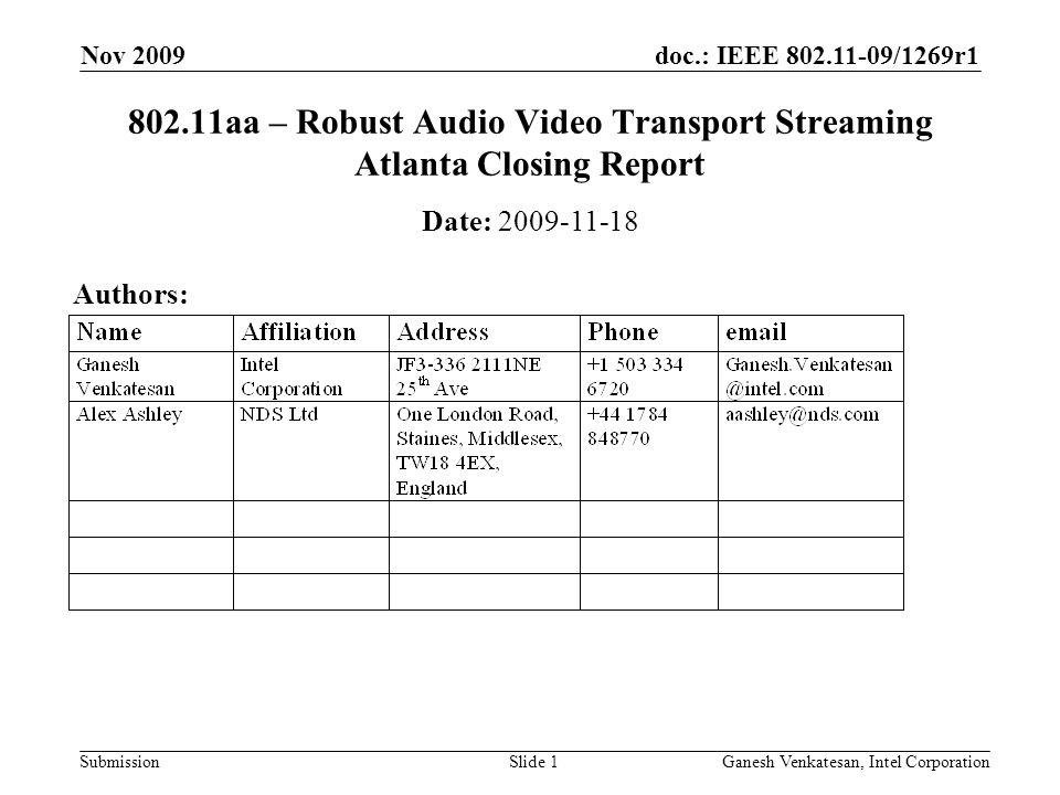 doc.: IEEE /1269r1 Submission aa – Robust Audio Video Transport Streaming Atlanta Closing Report Date: Authors: Nov 2009 Ganesh Venkatesan, Intel CorporationSlide 1