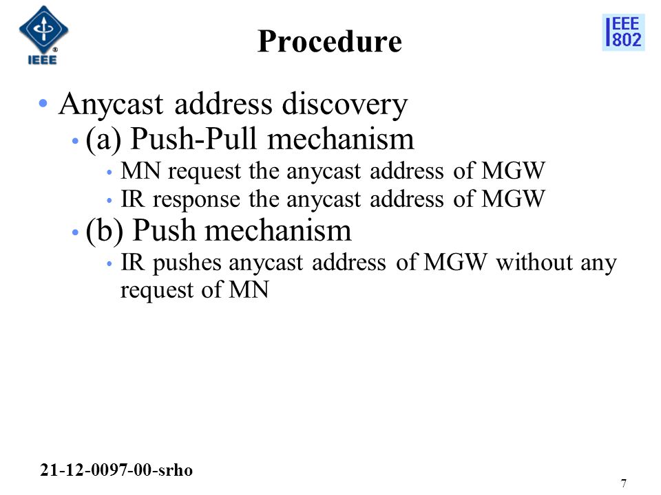 Procedure Anycast address discovery (a) Push-Pull mechanism MN request the anycast address of MGW IR response the anycast address of MGW (b) Push mechanism IR pushes anycast address of MGW without any request of MN srho