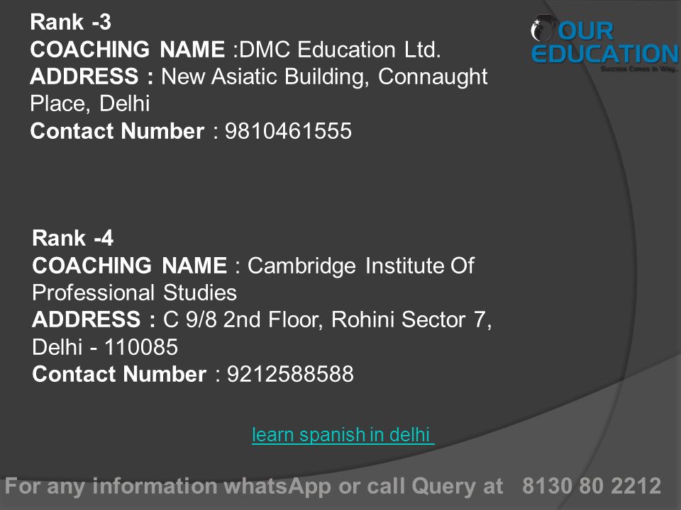 For any information whatsApp or call Query at learn spanish in delhi Rank -3 COACHING NAME :DMC Education Ltd.
