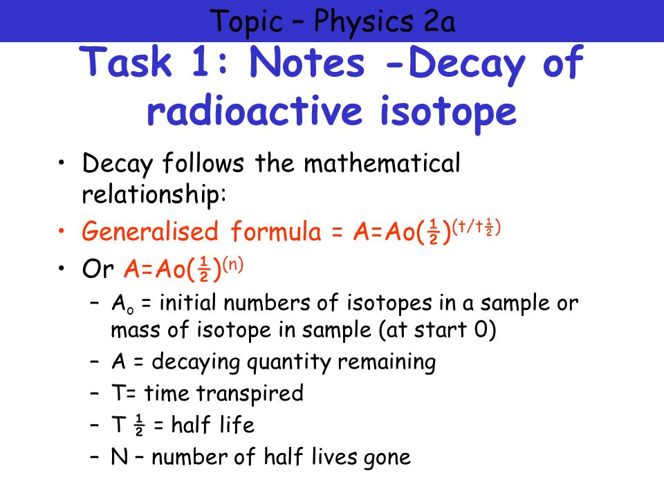 Topic Physics 2a Half Life Prior Learning T ½ Key 3 Task