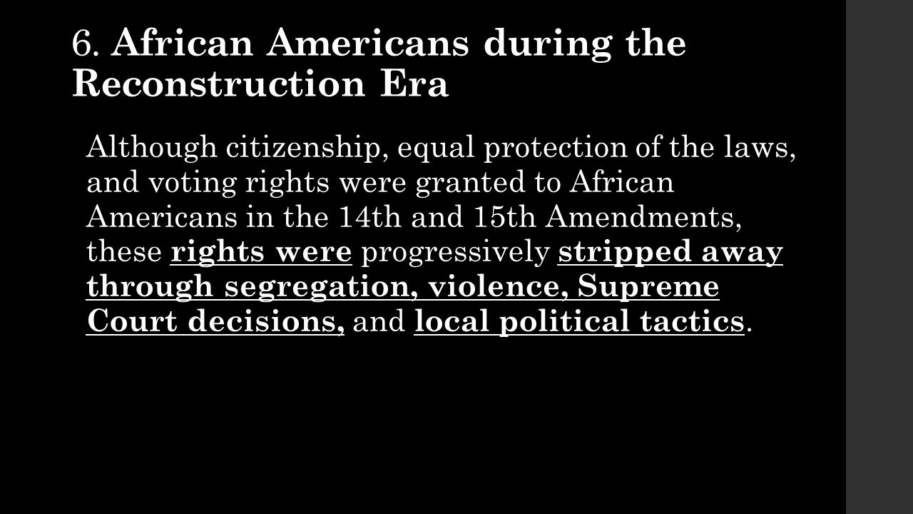 the changes in america during the reconstruction era Black exodus: black exodus to kansas: during reconstruction freed slaves began to leave the south one such group, originally from kentucky, established the community of nicodemus in 1877 in graham county on the high, arid plains of northwestern kansas. the changes in america during the reconstruction era Black exodus: black exodus to kansas: during reconstruction freed slaves began to leave the south one such group, originally from kentucky, established the community of nicodemus in 1877 in graham county on the high, arid plains of northwestern kansas.