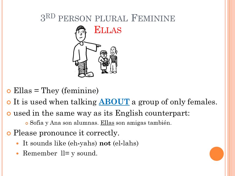 3 RD PERSON PLURAL F EMININE E LLAS Ellas = They (feminine) It is used when talking ABOUT a group of only females.