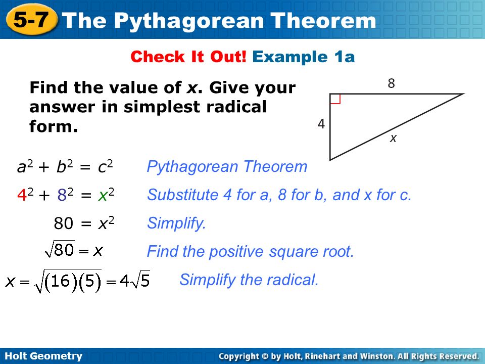 Holt Geometry 5 7 The Pythagorean Theorem Use Holt Geometry 5 7 The Pythagorean Theorem Check It Out