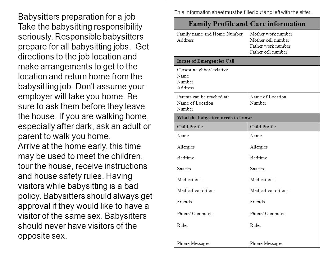 babysitters information sheet