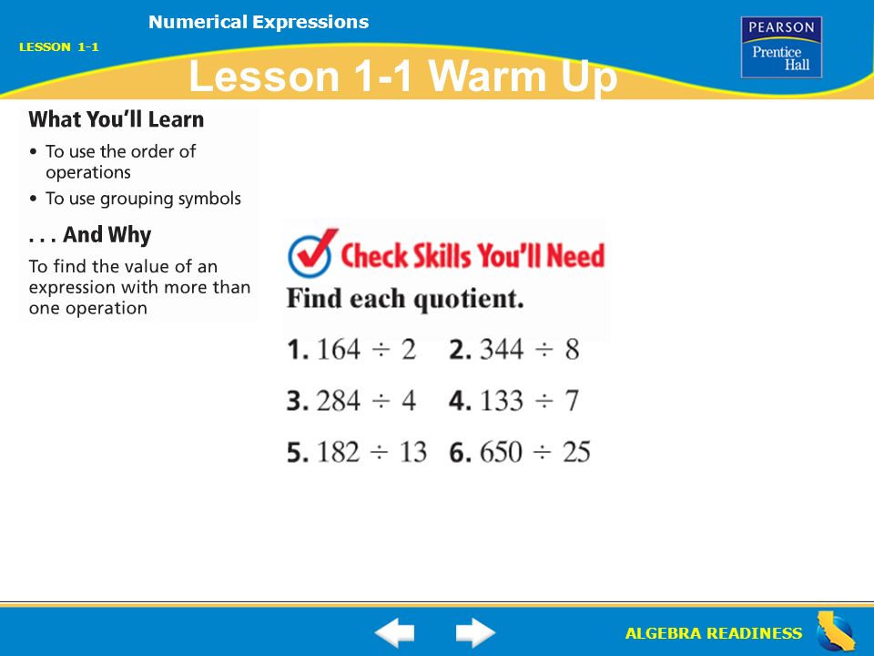 ALGEBRA READINESS Numerical Expressions LESSON 1-1 Lesson 1-1 Warm Up